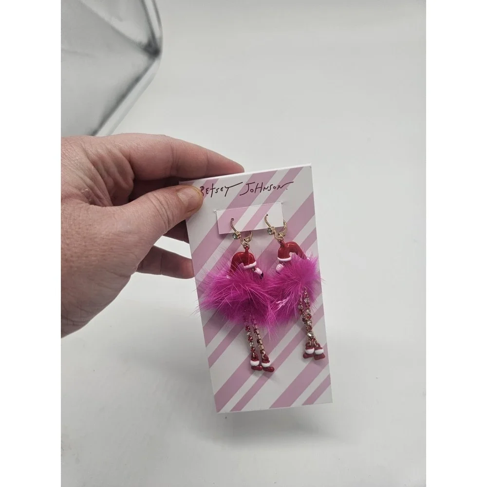 Betsey Johnson Gold Tone & Pink Fluffy Santa Flamingo Drop Earrings Crystal NWT‎